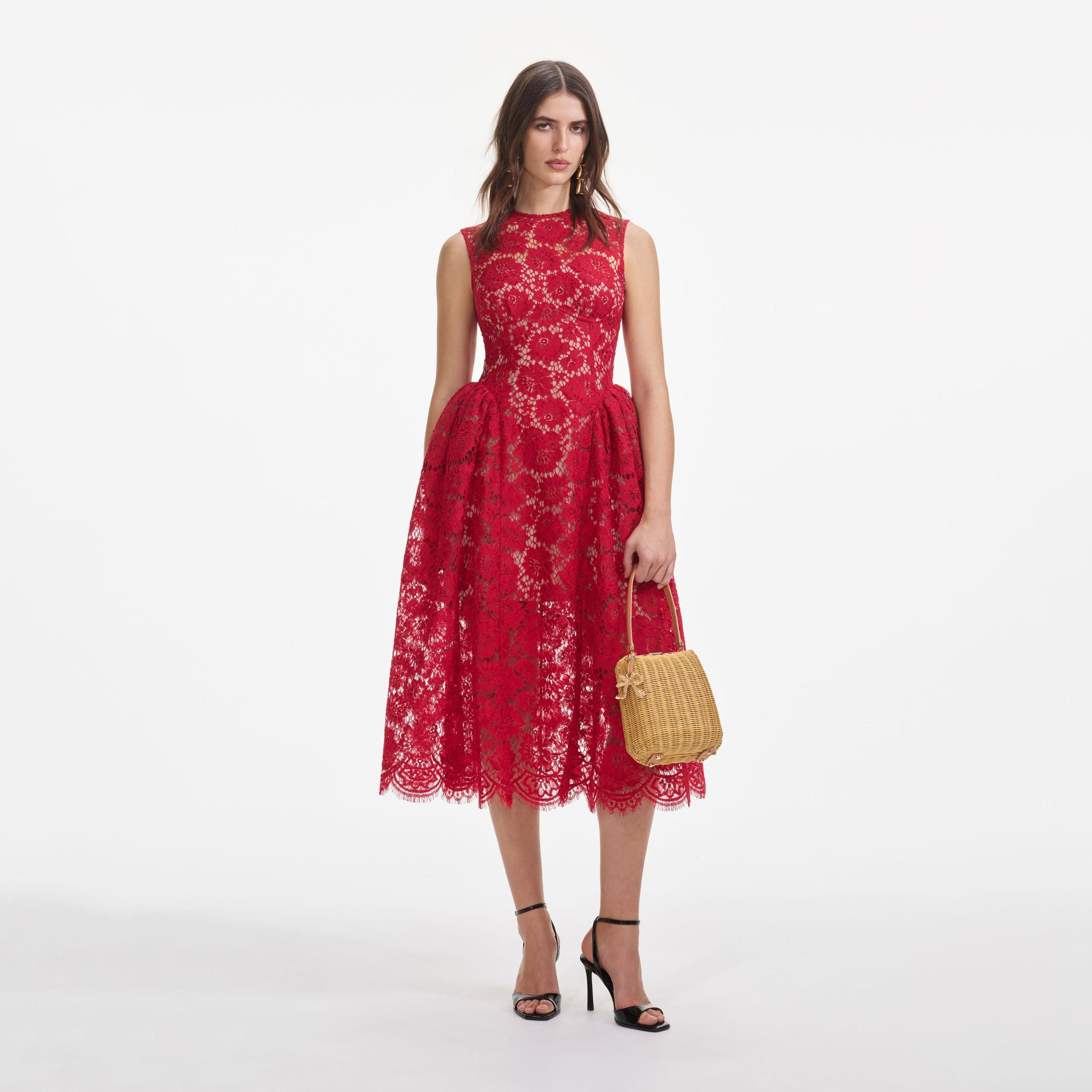 Red Fine Lace Midi Dress Product Image