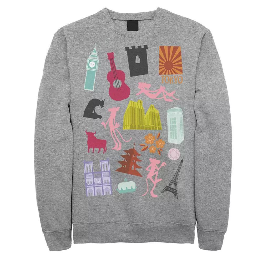 Men's Pink Panther Around The World Doodles Sweatshirt, Size: 3XL, Athletic Grey Product Image