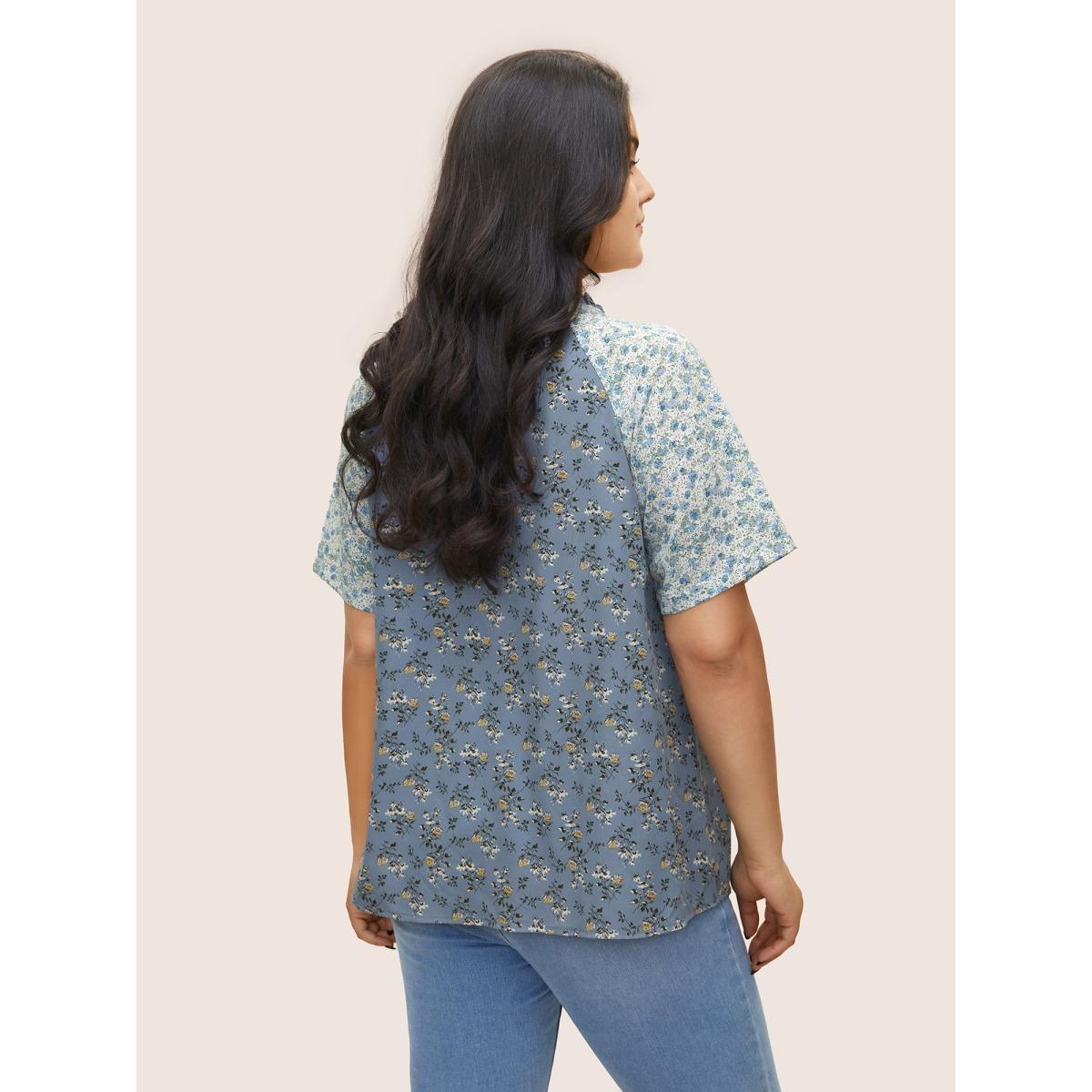 Plus Size Stone Ditsy Floral Ruffles Lace Patchwork Ties Blouse Women Elegant Short sleeve Notched collar Everyday Blouses BloomChic 22-24/3X Product Image