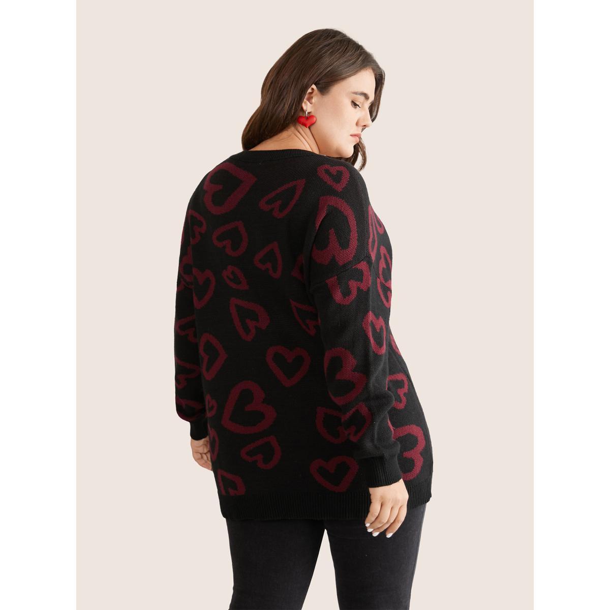 Plus Size Heart Jacquard Contrast Drop Shoulder Pullover Black Women Casual Loose Long Sleeve V-neck Dailywear Pullovers BloomChic 10/M Product Image