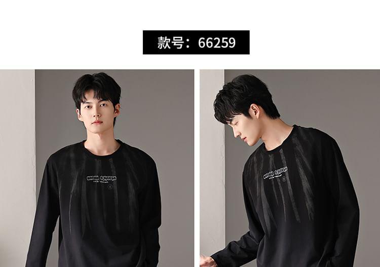 Pajama Set: Long-Sleeve Round Neck Lettering T-Shirt + Plain Pants Product Image