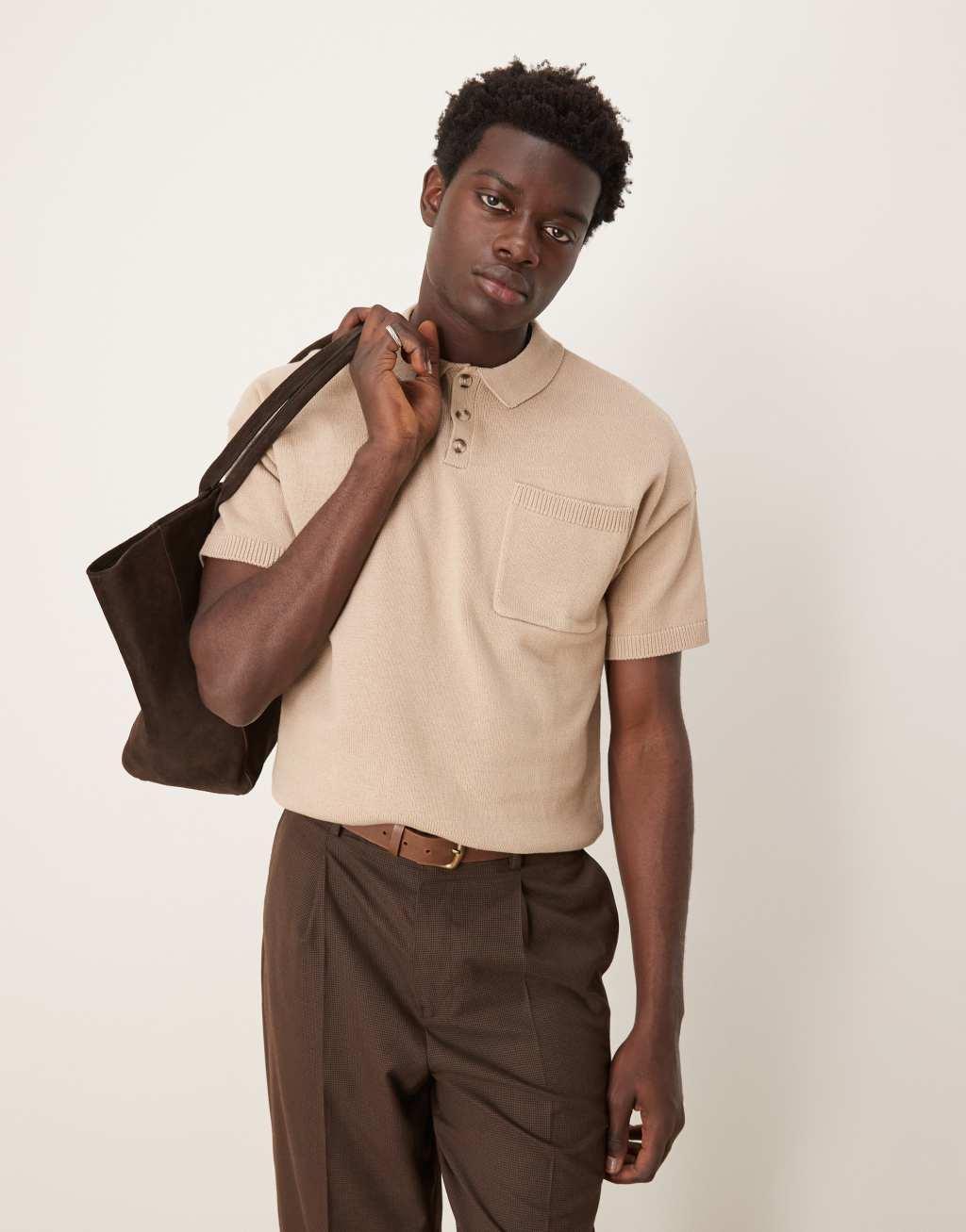 ASOS DESIGN relaxed boxy knit midweight cotton polo with chest pocket in stone Product Image