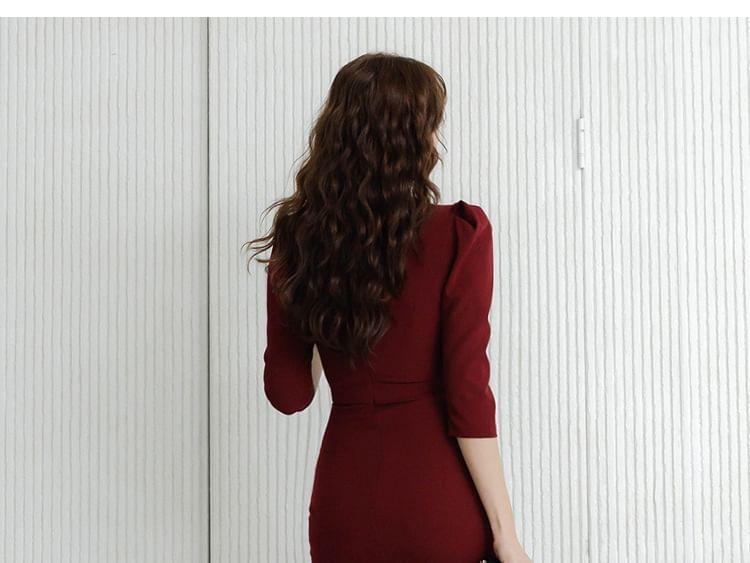 3/4-Sleeve Plain Slit Sheath Dress Product Image