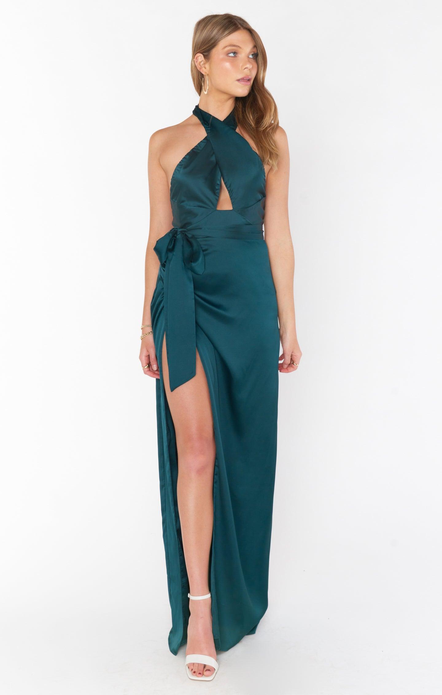 Adele Halter Maxi Dress ~ Deep Emerald Luxe Satin Product Image