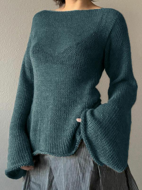 Solid Color Backless Lace Up Long Sleeve Knit Product Image