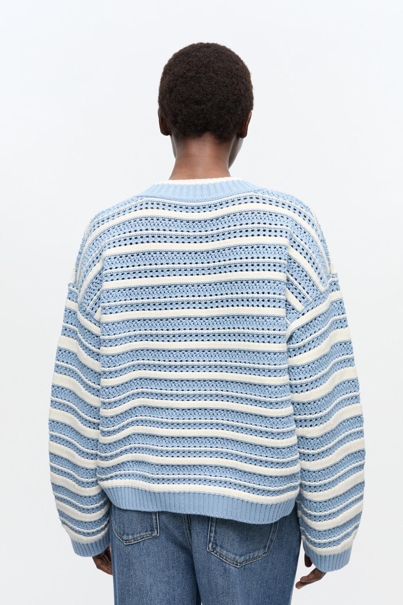 Blue Striped Cotton V-neck Sweater Product Image