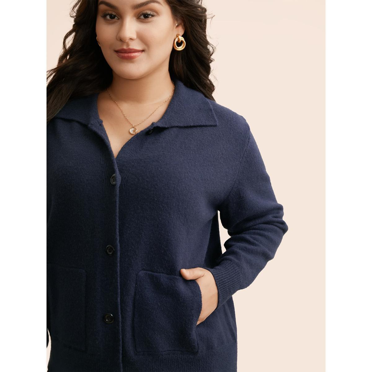 Plus Size Plain Patched Pocket Button Up Cardigan Indigo Women Leisure Loose Long Sleeve Casual Cardigans BloomChic 26/4X Product Image