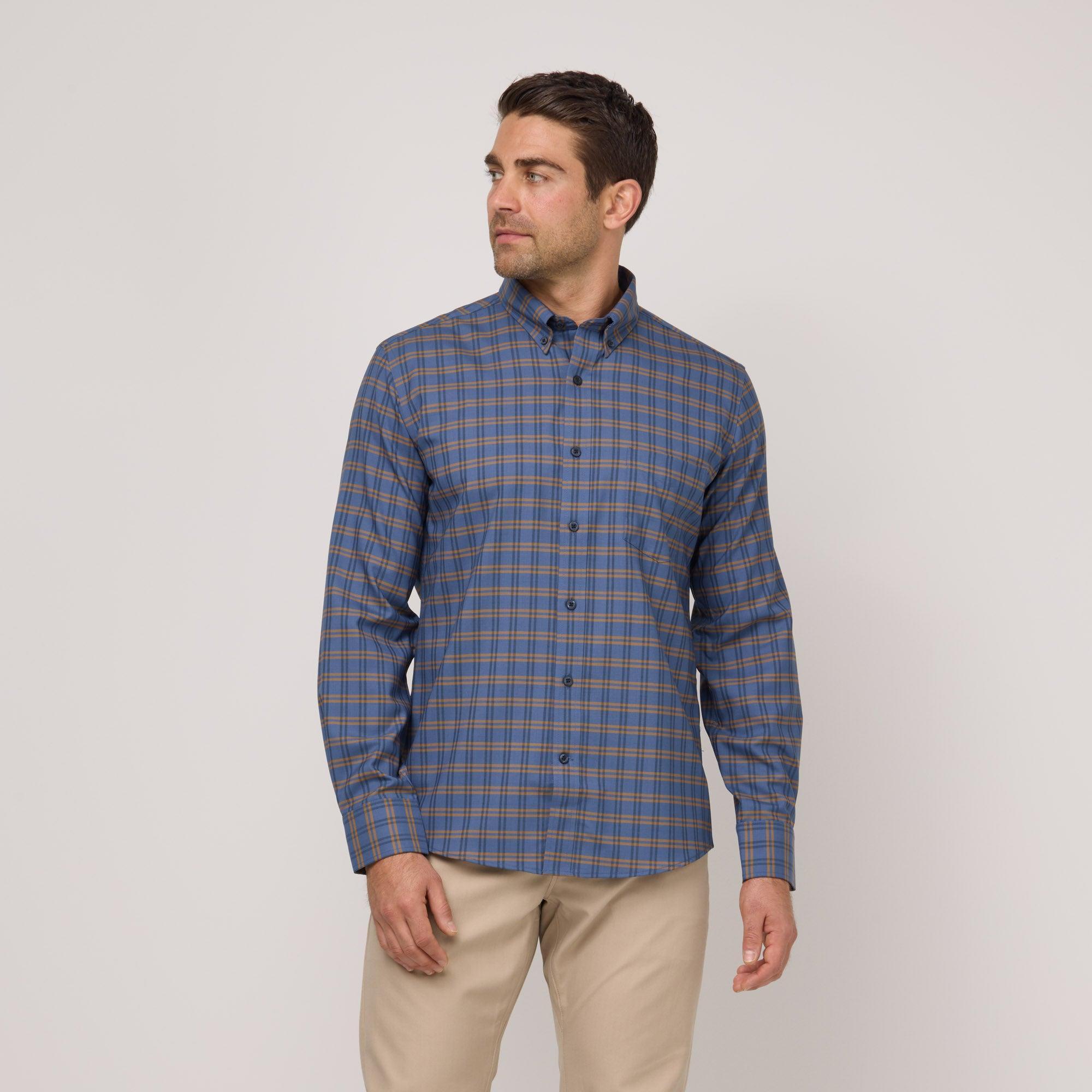 Merino Wool Button-Down Shirt | Navy/Ochre Plaid Product Image