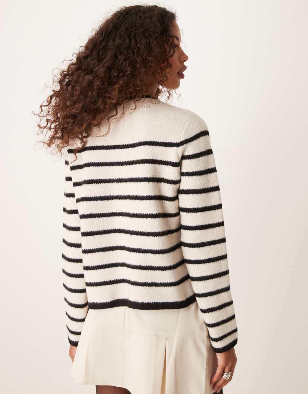 Mango zip up striped cardigan in white Product Image