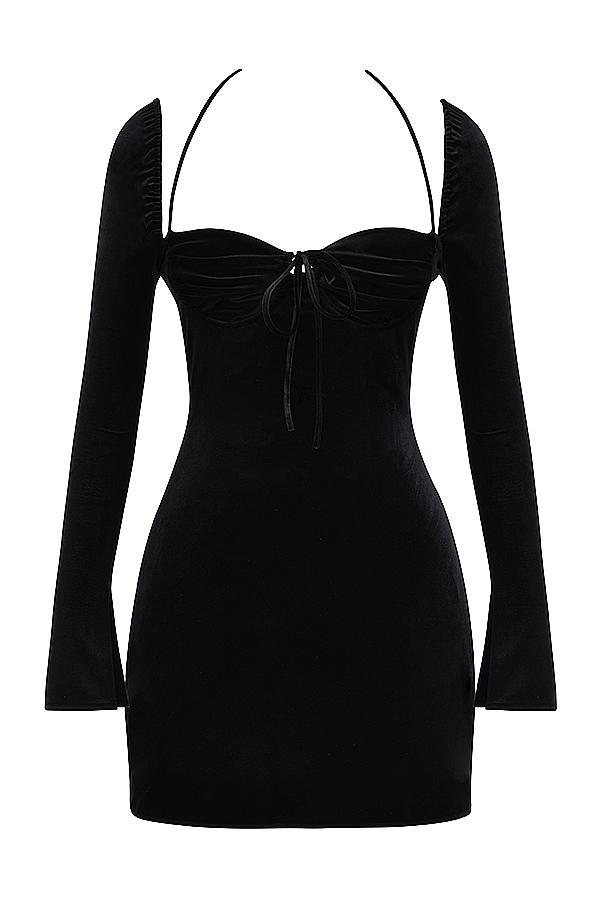 Babydoll Black Velvet Halter Mini Dress Product Image