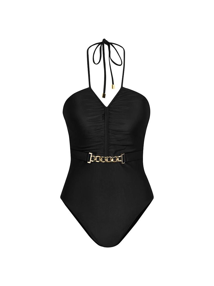 Womens Solids Leila Ruched Halterneck One-Piece Swimsuit Product Image