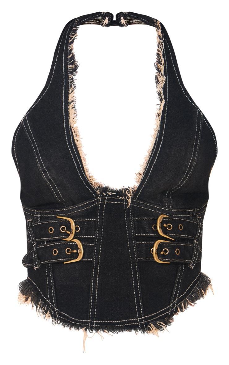 Petite Washed Black Denim Halterneck Crop Top Product Image