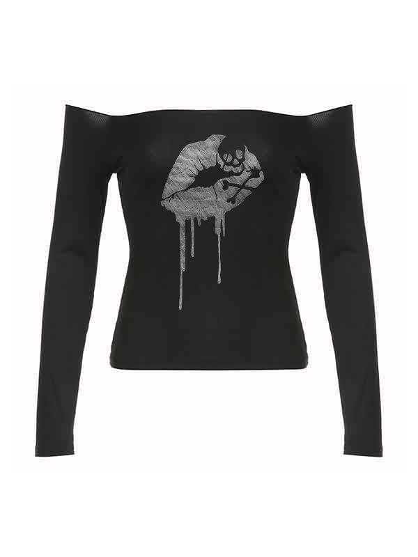 Off Shoulder Lip Skull Print Long Sleeve Tee Product Image