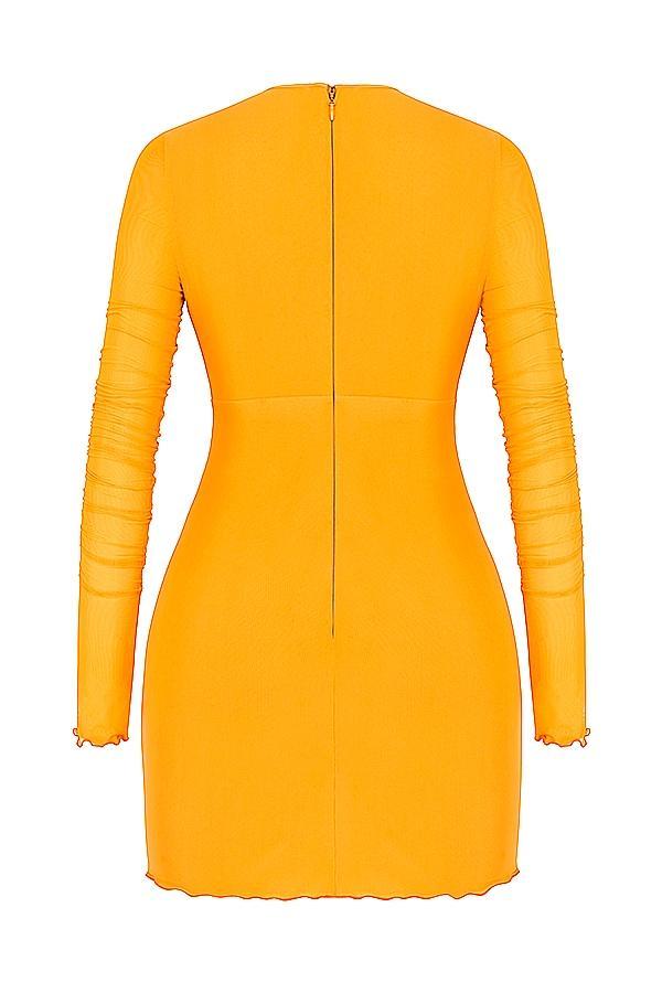 Jeanelle  orange ruched mesh long sleeve cutout mini dress Product Image