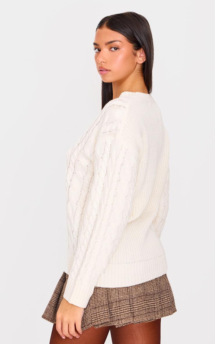 Cream Cable Knit Oversized V Neck Sweater Product Image