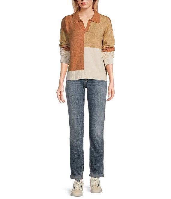 Takara Color Block Split V-Neck Collared Long Sleeve Pullover Sweater Product Image