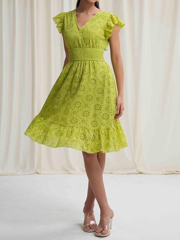 A-Line Loose Elasticity Hollow Pleated Solid Color V-Neck Mini Dresses Product Image