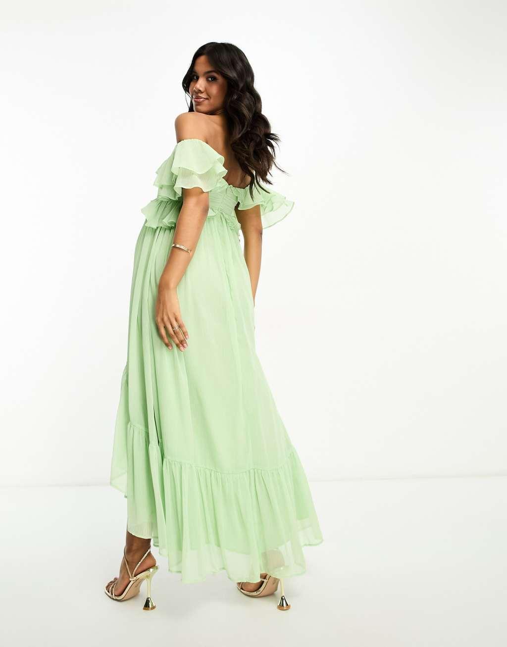 ASOS DESIGN Maternity ruffle cut out off the shoulder maxi dress with hi low hem in sage green Product Image