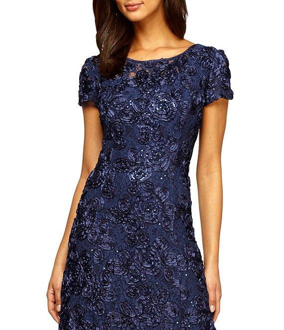 Alex Evenings Sequin Floral Lace Ribbon Rosette Round Neck Short Sleeve Gown Product Image