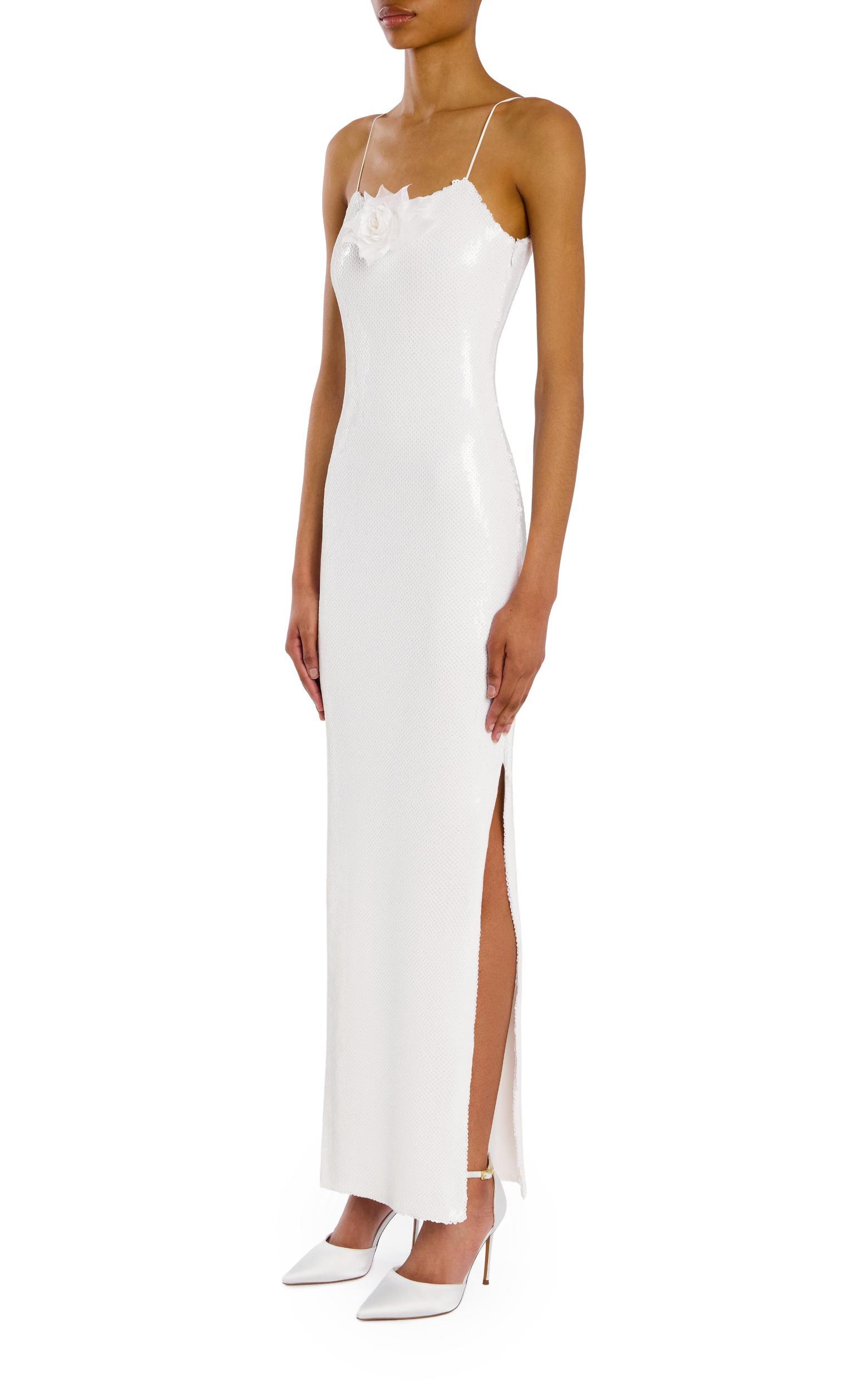 White Sequin Gown With Flower Detail Product Image