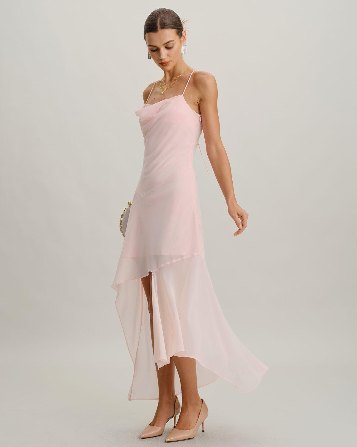 Pink Chiffon A-Line Slip Midi Dress Product Image