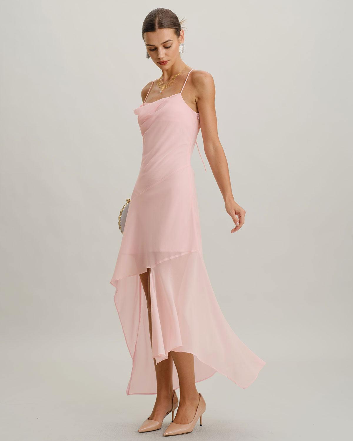 Pink Chiffon A-Line Slip Midi Dress Product Image