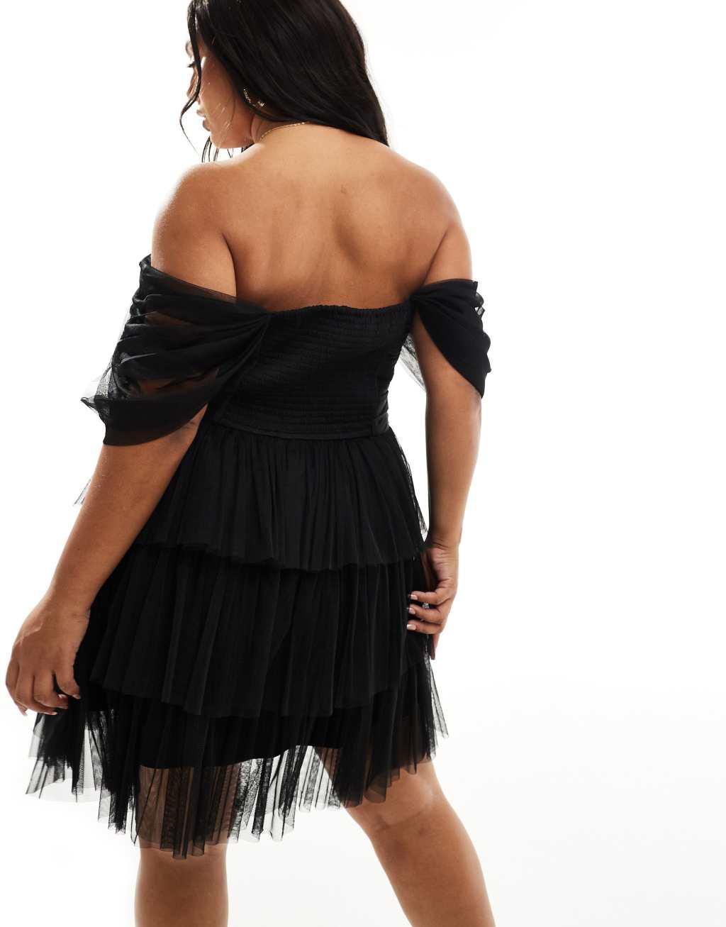 Lace & Beads off-the-shoulder corset tulle mini dress in black Product Image