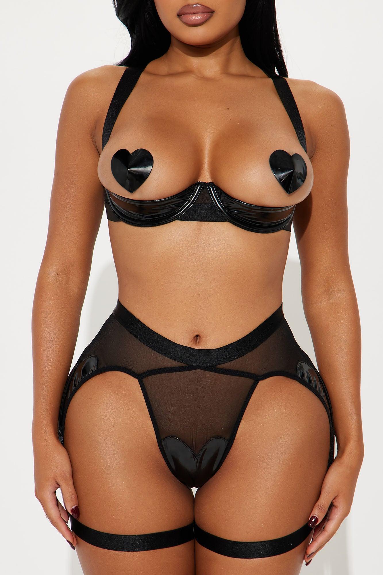 Linked To You Vinyl Open Cup 2 Piece Garter Set - Black Product Image