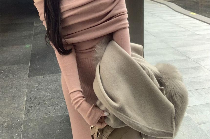 Long Sleeve Off Shoulder Plain Knit Midi Sheath Dress Product Image