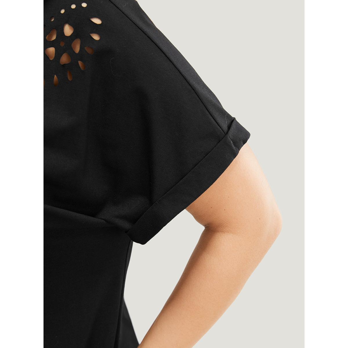 Plus Size Solid Roll Batwing Sleeve Laser Cut T-shirt Black Women Elegant Plain Round Neck Dailywear T-shirts BloomChic 12/L Product Image