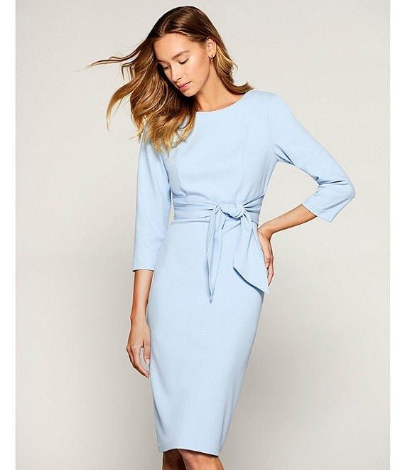 Adrianna Papell Stretch Crepe Crew Neck Tie Waist 3/4 Sleeve Midi Sheath Dress Product Image