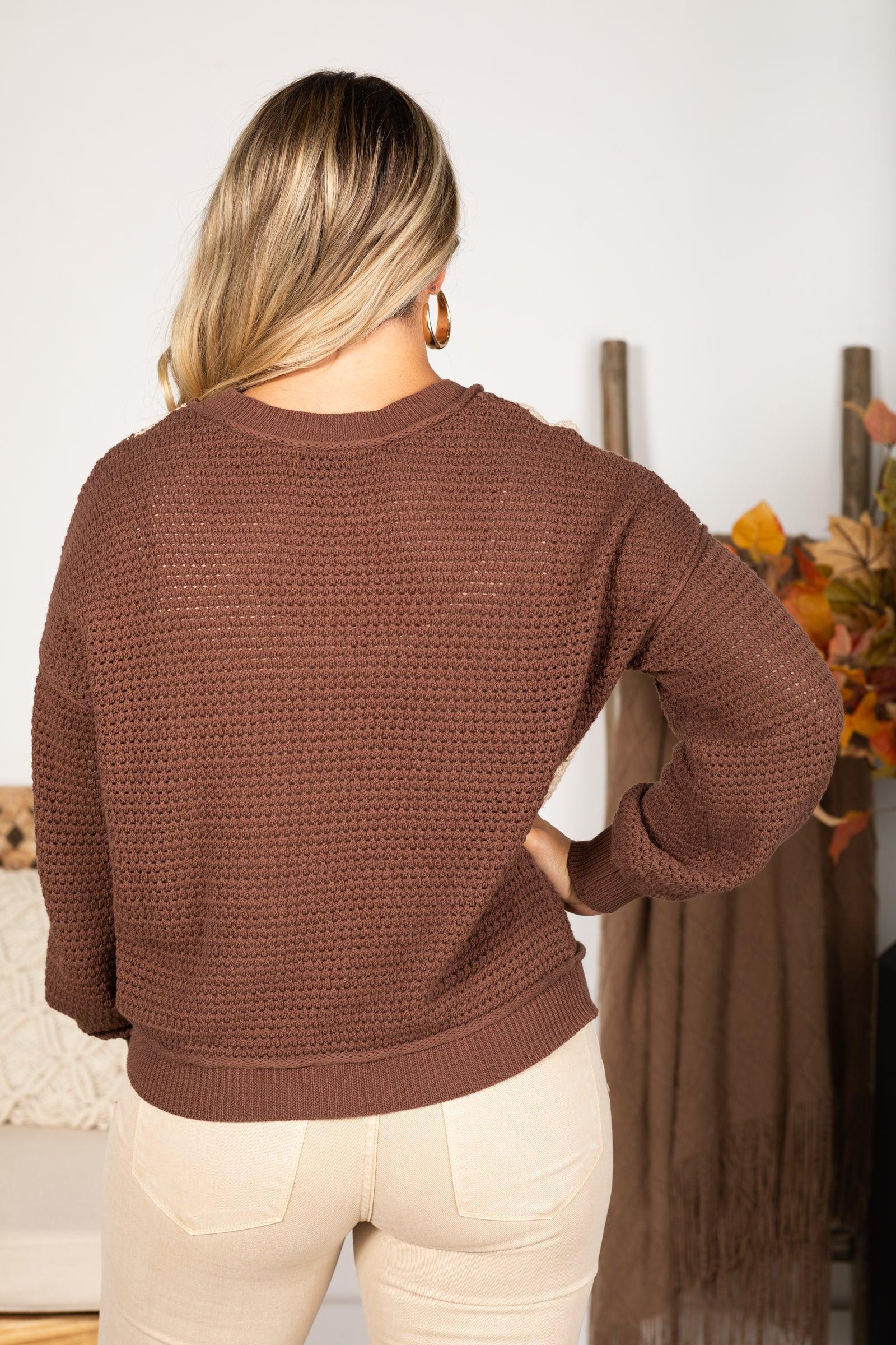 Brown Checkered Crochet Knit Sweater Product Image