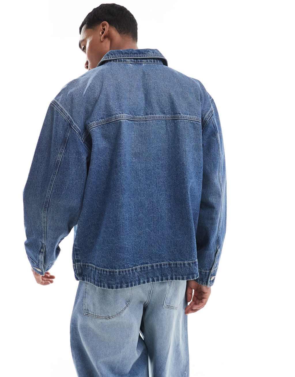 ASOS DESIGN harrington jacket in mid wash blue Product Image