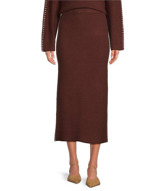 Skies Are Blue Knit Contrast Stitch Midi Skirt Product Image