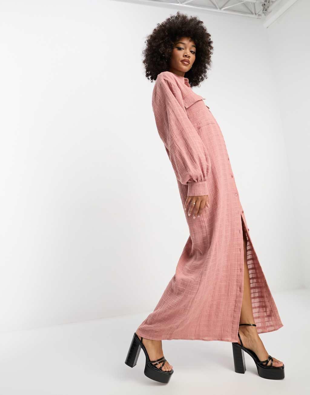 ASOS DESIGN textured plaid maxi shirt dress in terracotta Product Image