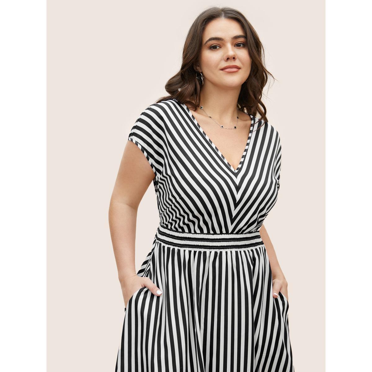 Plus Size Striped Shirred Dolman Sleeve Dress Black Women At the Office V-neck Cap Sleeve Curvy BloomChic 14-16/1X Product Image