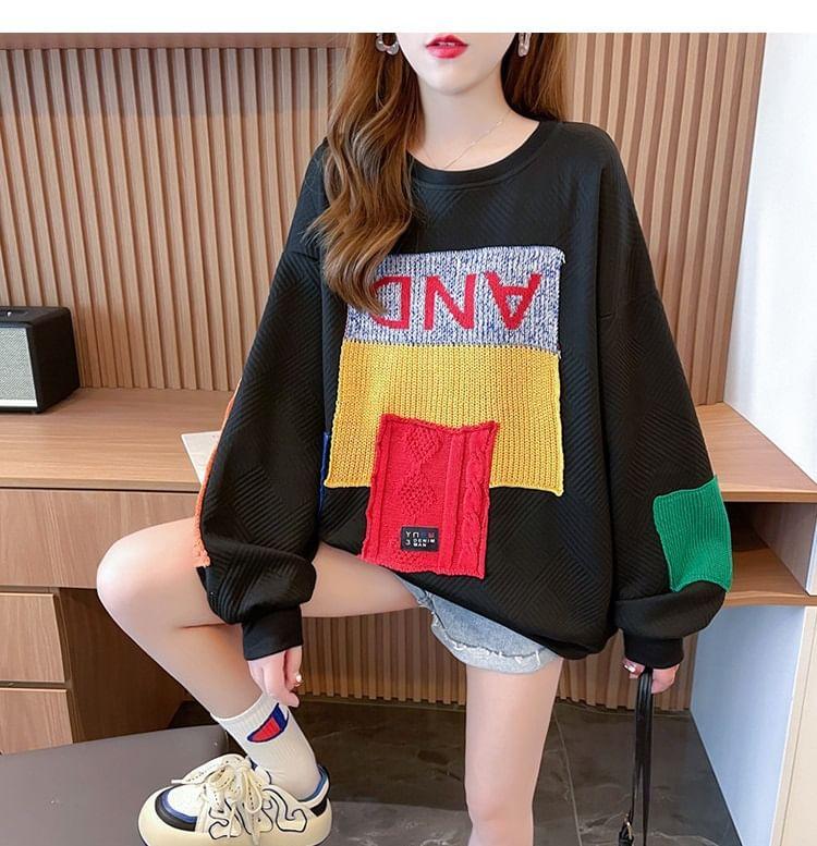 Crew Neck Color Block Applique Oversized Sweatshirt Product Image