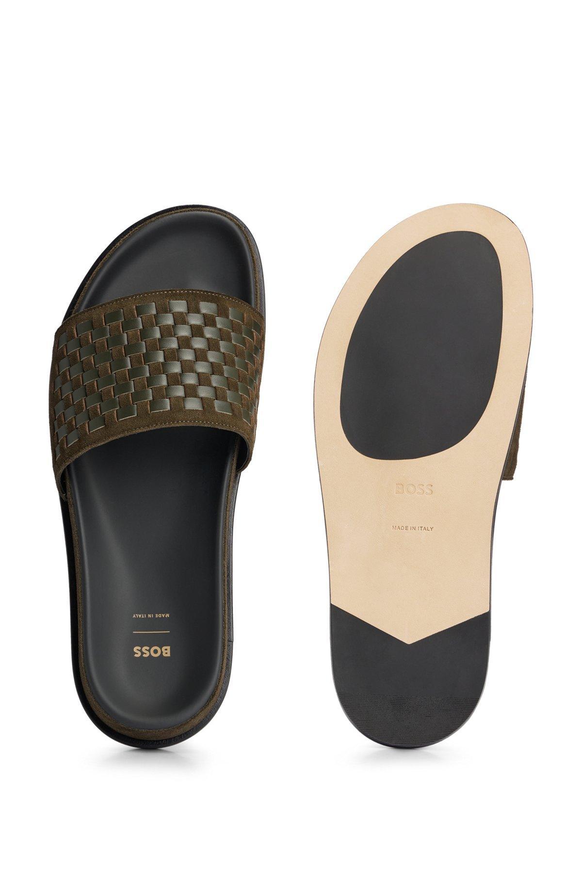 Mixed-leather slides with woven upper strap Product Image