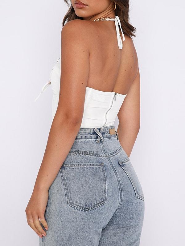 Halter Cutout Tie Back Irregular Hem Corset Top Product Image