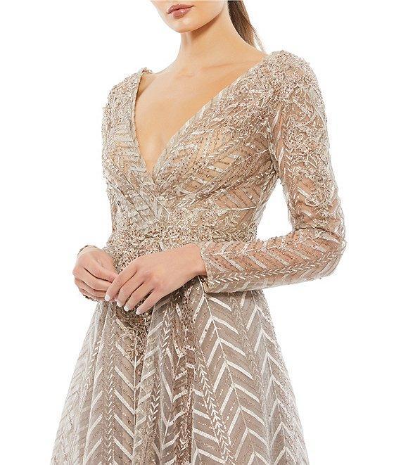 Mac Duggal Embellished Illusion Long Sleeve Wrap Over A Line Gown Product Image