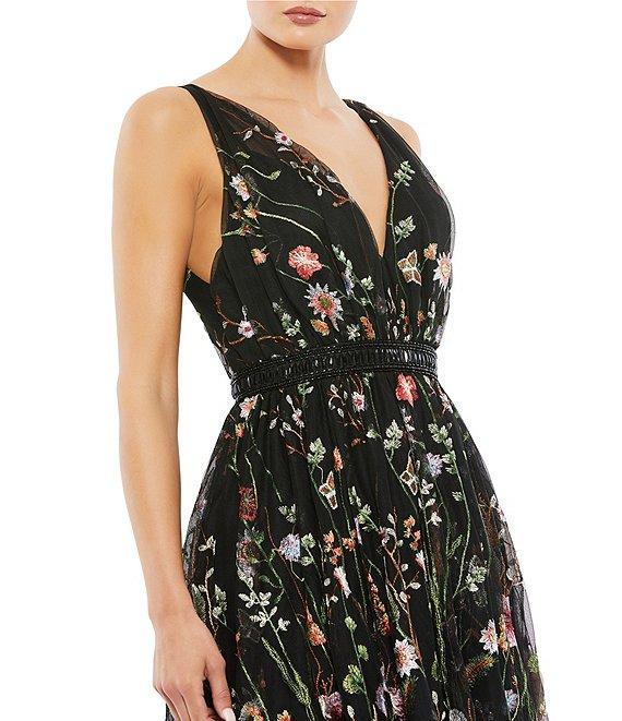 Mac Duggal Floral Embroidered V-Neck Sleeveless Sequin Midi Dress Product Image