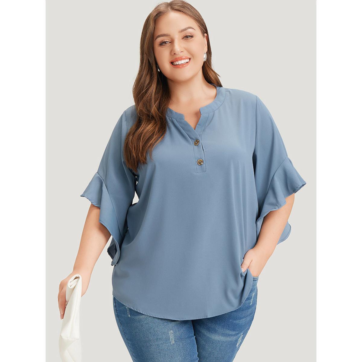Plus Size Stone Anti-Wrinkle Plain Notched Flutter Sleeve Button Up Blouse Women Office Short sleeve Notched collar Work Blouses BloomChic 26/4X Product Image