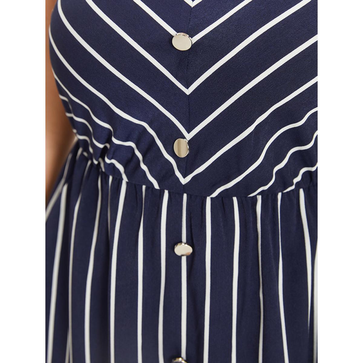 Plus Size Striped Button Detail Elastic Waist Pocket Tank Dress DarkBlue Women Elegant Elastic Waist Scoop Neck Sleeveless Curvy Midi Dress BloomChic 12/L Product Image