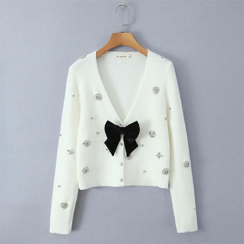 Long-Sleeve V-Neck Bowknot Rhinestone Crop Knit Top Product Image