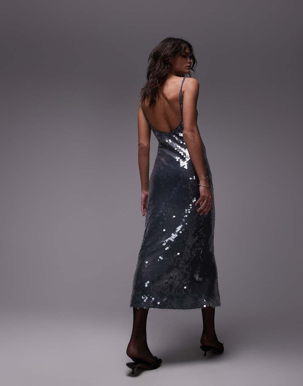 Topshop sequin maxi slip dress in steel gray Product Image