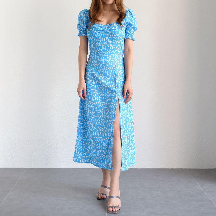 Short-Sleeved Square-Neck Floral Slit Midi A-Line Dress Product Image