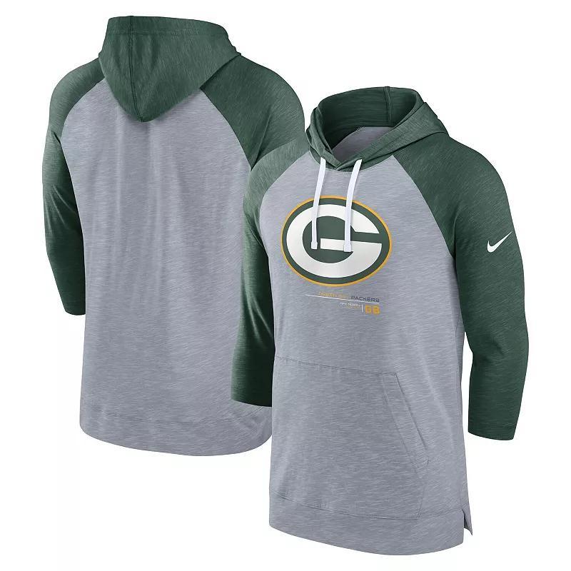 Mens Nike Heather Gray/Heather Green Green Bay Packers Raglan 3/4-Sleeve Pullover Hoodie Product Image