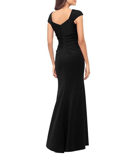 Xscape Asymmetrical Neckline Cap Sleeve Ruched Scuba Crepe Sheath Gown Product Image