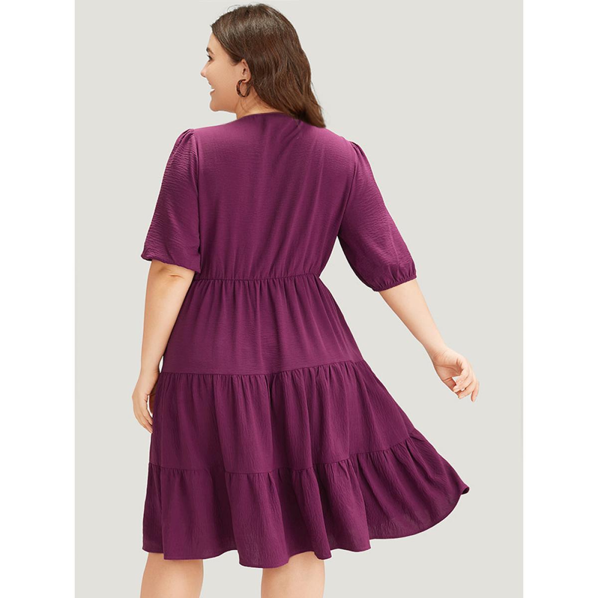 Plus Size Solid Shirred Pocket Frill Trim Layered Dress Purple Women Elegant Plain V-neck Short sleeve Curvy Midi Dress BloomChic 18-20/2X Product Image