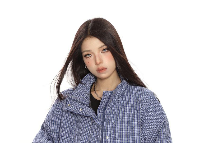 Stand Collar Plaid Zip Puffer Jacket Product Image